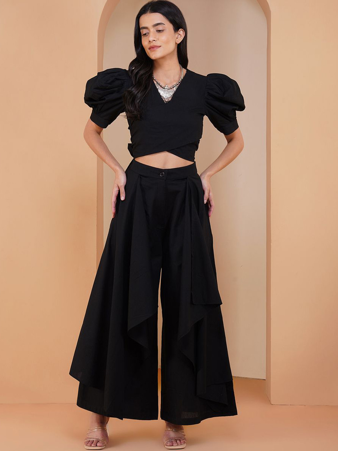 Stitchinc The Sailor Puff Sleeve Cotton Linen Top & Flare Palazzo