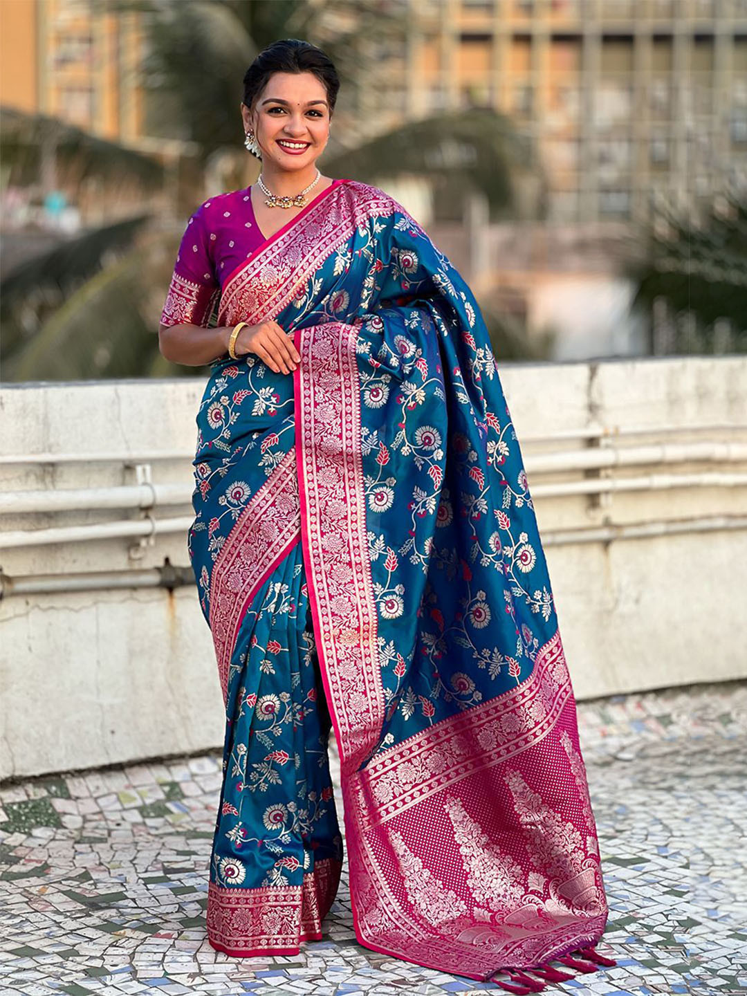 all about you AAROHI-JAAL Ethnic Motifs Woven Design Zari Banarasi Saree