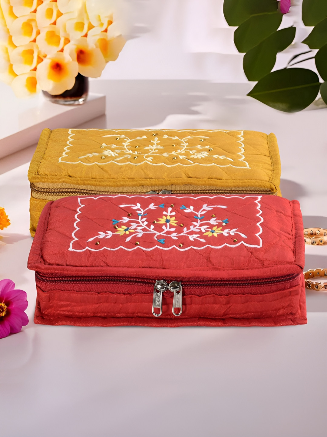 Aura Yellow and Red 2 Pieces Embroidered 7-Compartments Jewellery Organisers