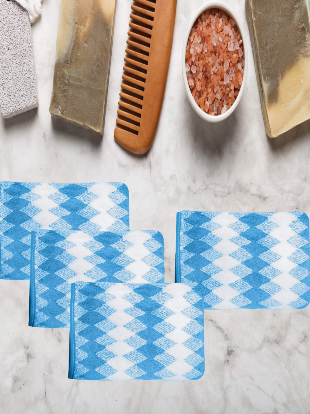 HOUSSE 4-Pieces Blue & White Diamond Pattern Hand Towels