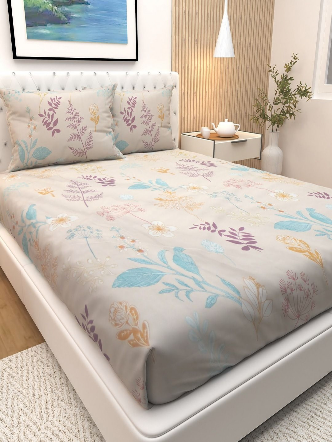 Athom Living Premium Dreamy Microplants Beige Floral Cotton 180 TC Queen Fine Bedsheet with 2 Pillow Covers-88 x 96 inches