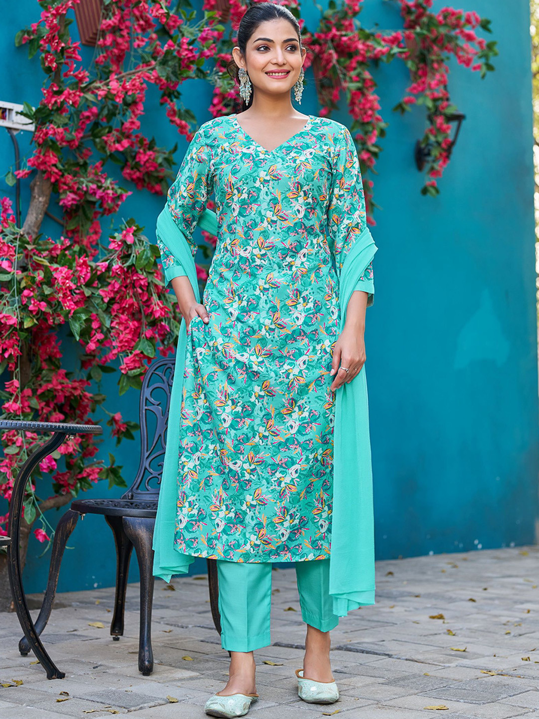 Moda Rapido Floral Printed V-Neck Straight Kurta With Trousers And Dupatta