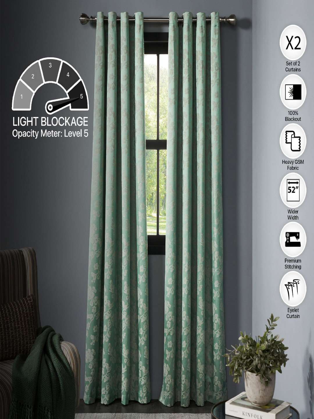 Deco Window Fluorescent Green & Beige 2 Pieces Printed Black Out Long Door Curtain