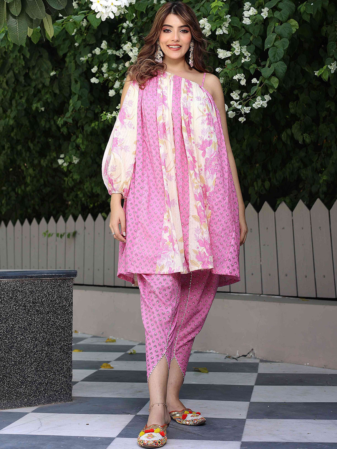 LABEL ADITI HUNDIA Floral Printed One Shoulder Pure Cotton A-Line Fusion Kurta With Dhoti Pant