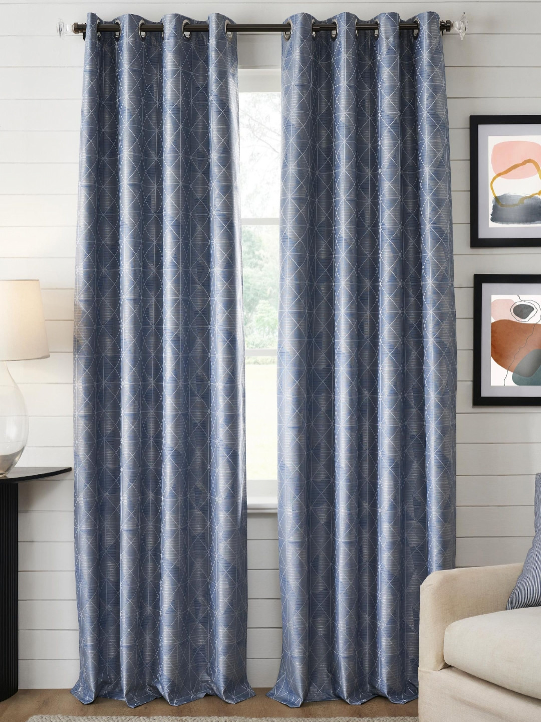 Deco Window Blue & White 2 Pieces Printed Black Out Door Curtain