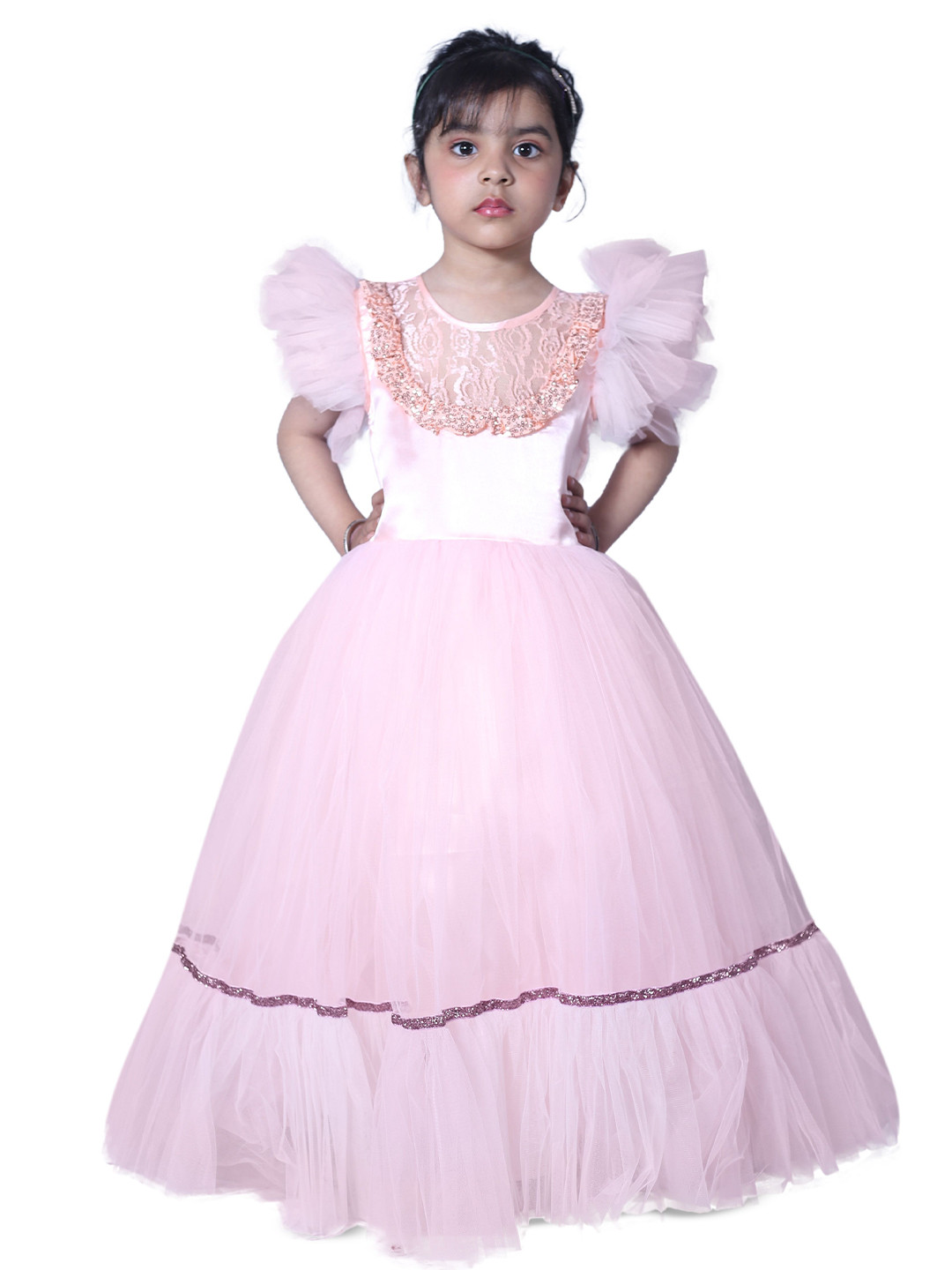 Wow Princess Girl Flutter Sleeves Net Fit and Flare Maxi Dress