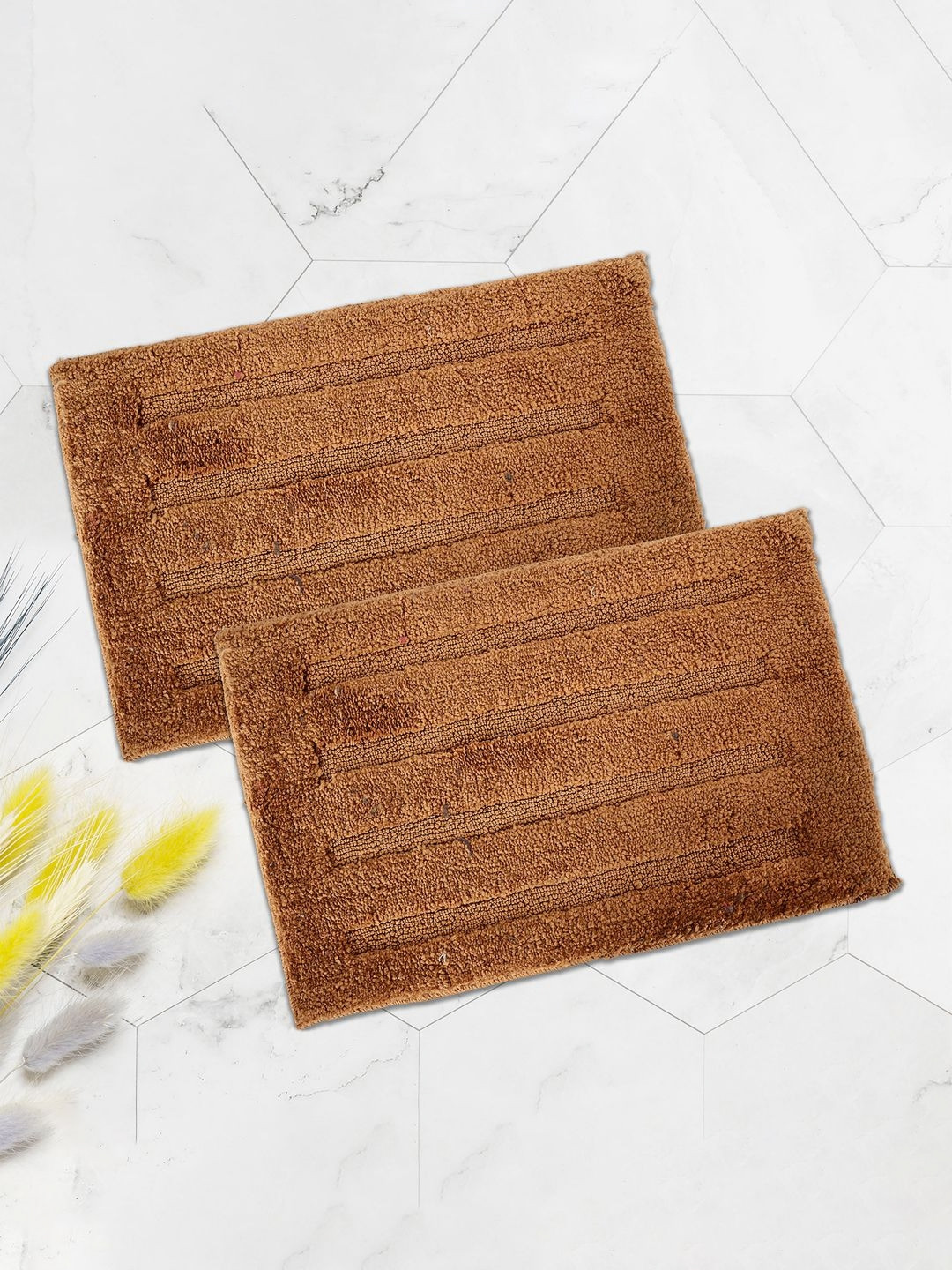 Myntra Elegant Homes Dark Brown 2 Pieces Striped Anti Slip Super Absorbent Doormats