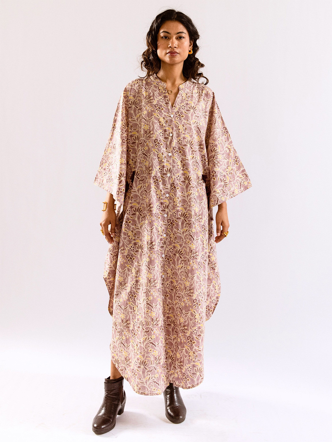 Feathers Closet Lavender Floral Flirt Cotton Mandarin Collar Kaftan Dress