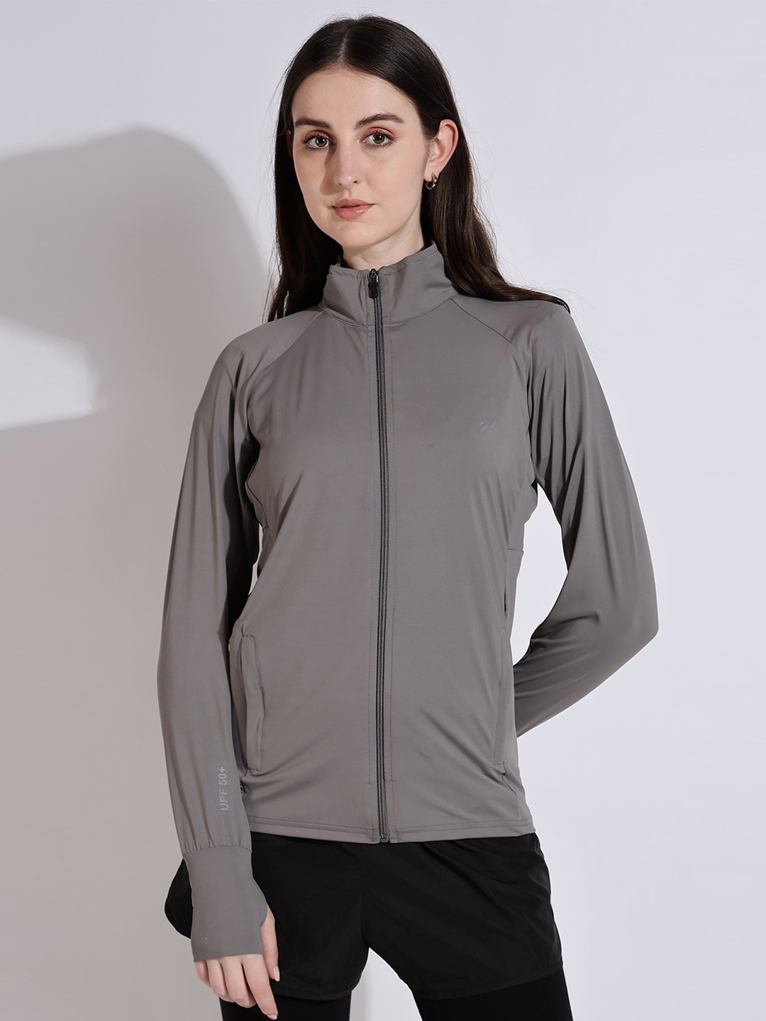 BLUE TYGA Women Mock Collar Solid Sports Lightweight Sporty Jacket