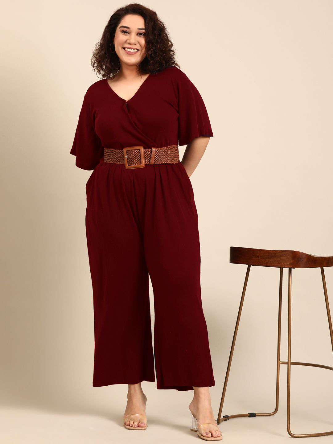 The Pink Moon Women Burgundy Solid Basic Jumpsuit