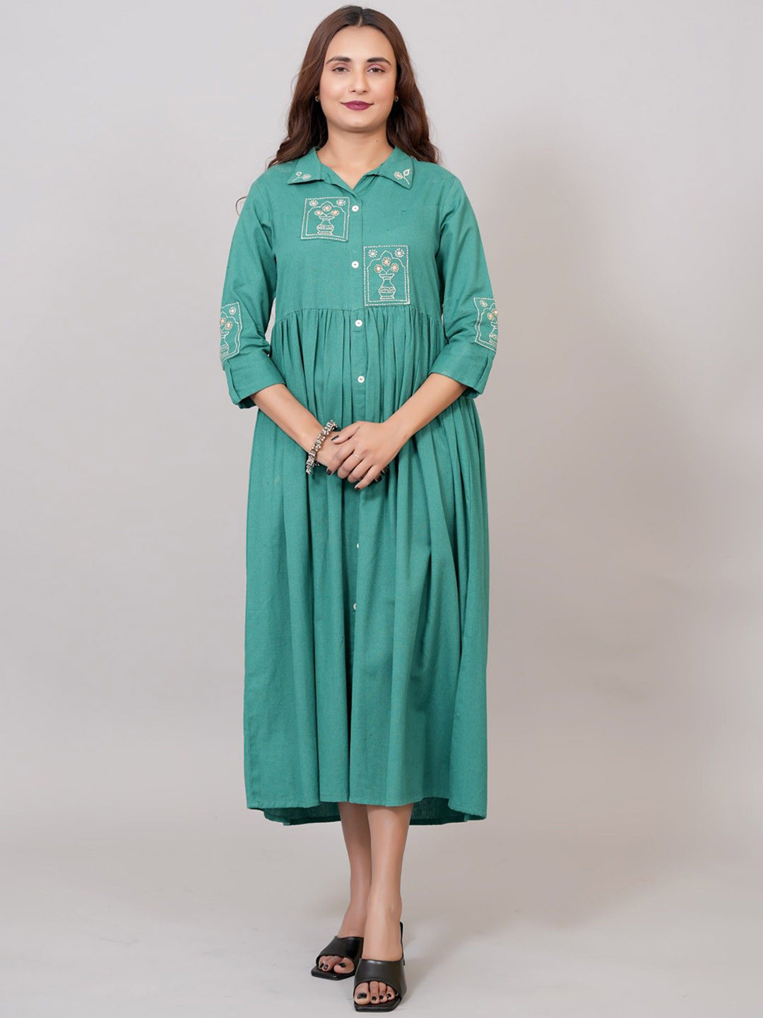 ADAA JAIPUR Women Embroidered Shirt Collar Pure Cotton Ethnic Dress