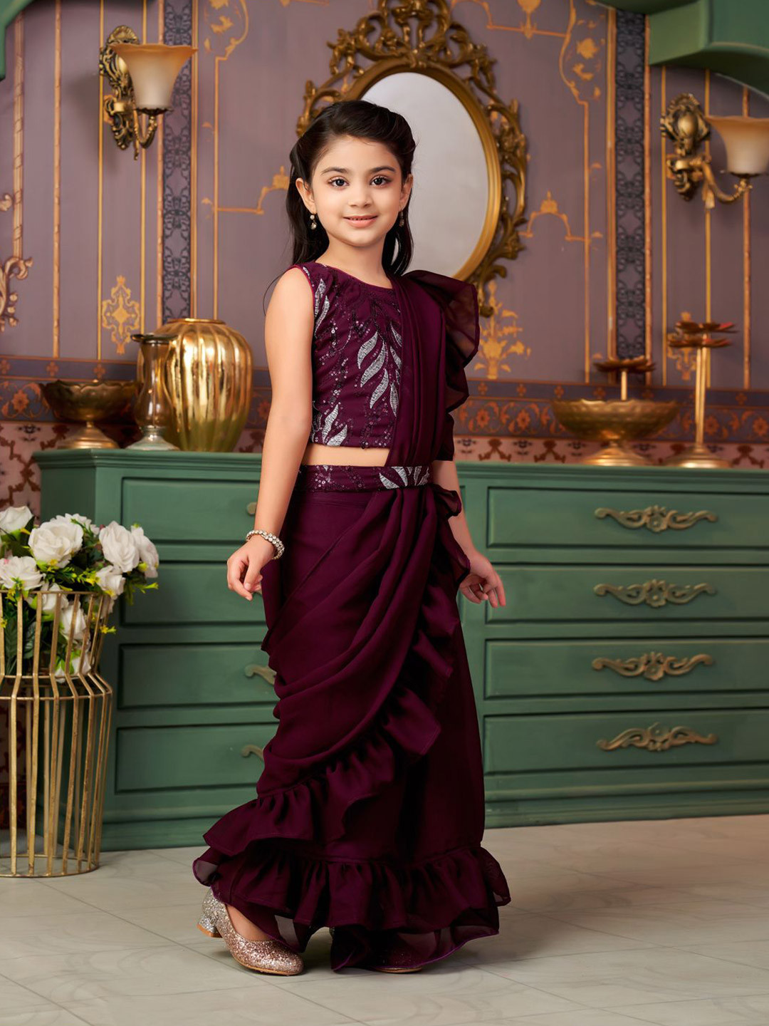 Sangria Girls Sequinned Embellished Lehenga Choli Set With Attached Dupatta