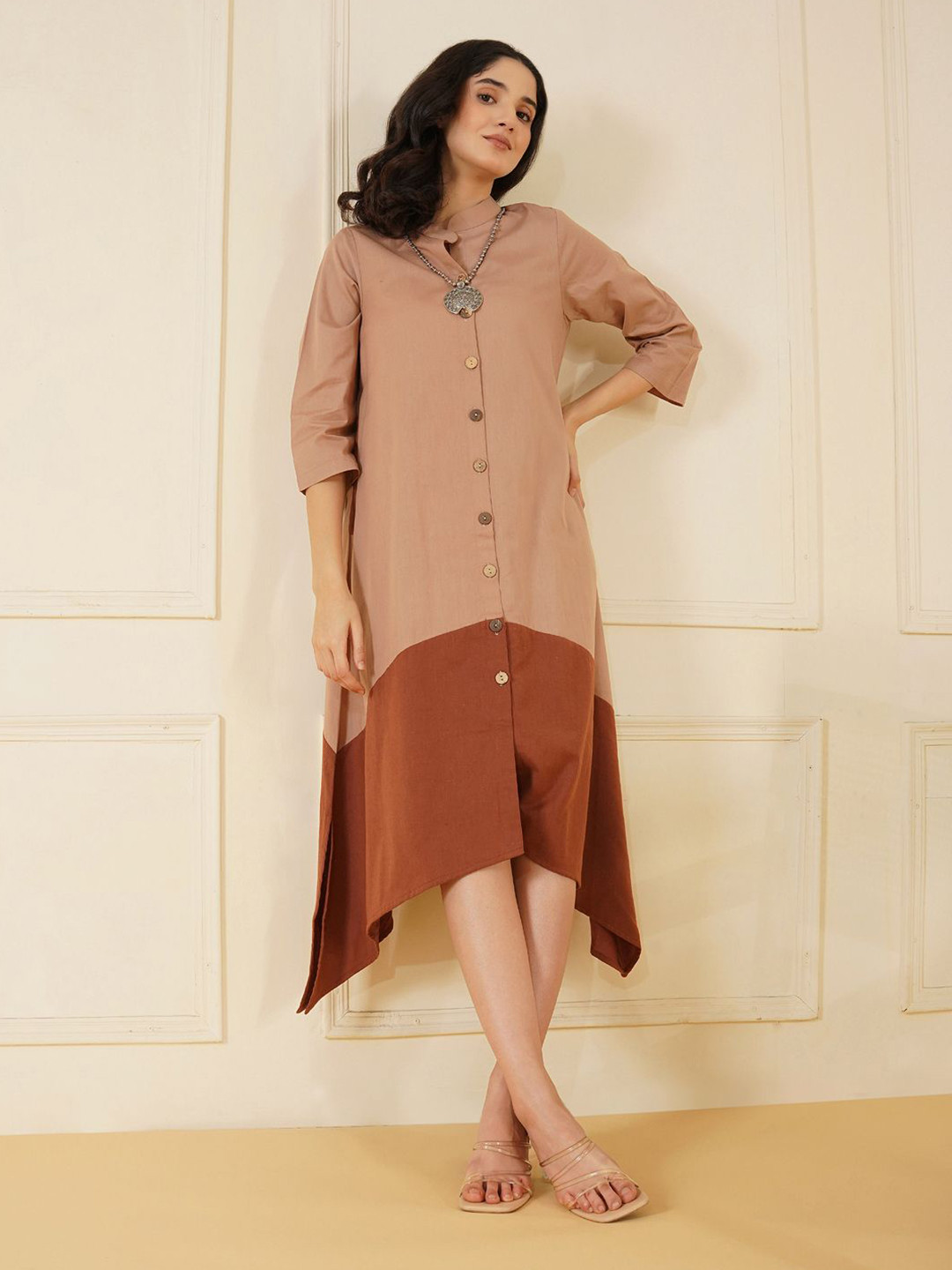 Stitchinc Women Beige Rust Two Tone Shirt Dress