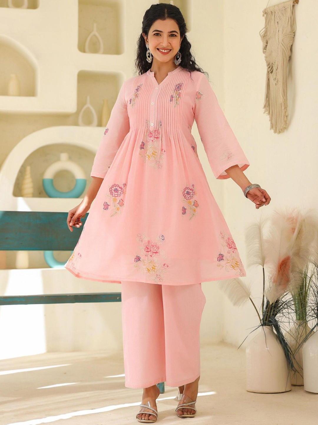 AUTUMN LANE Tridhara Salmon Floral Printed Pure Cotton A-Line Kurta with Trousers
