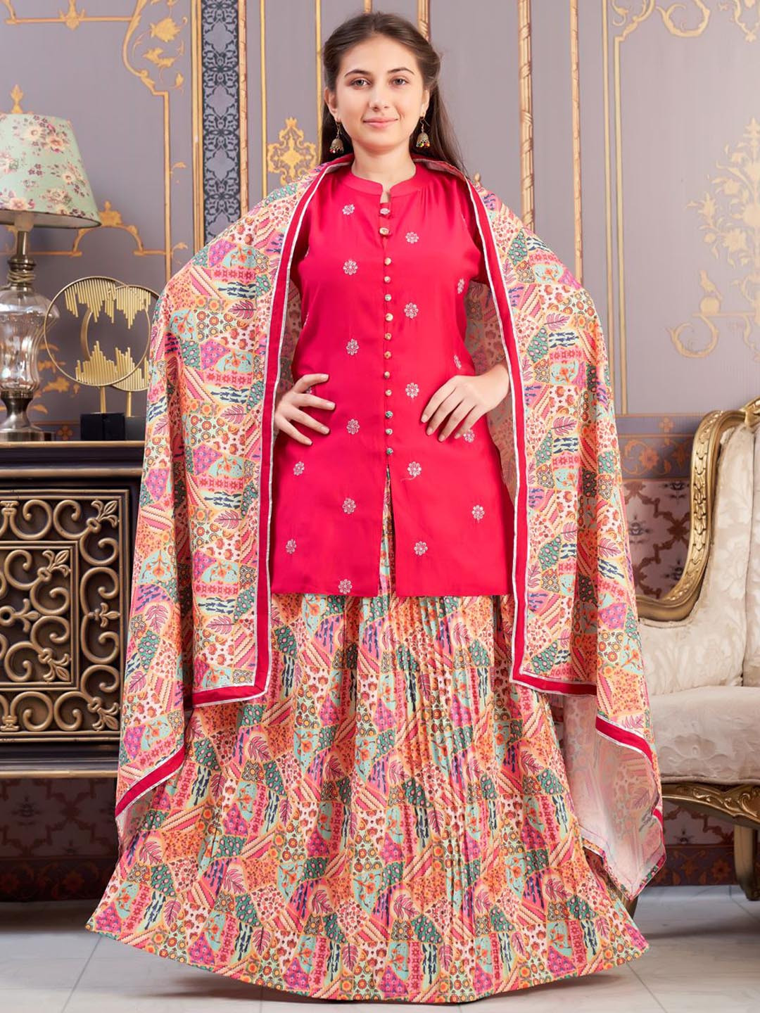 Sangria Girls Sequinned Embroidered Mandarin Collar Pure Silk Kurti With Skirt & Dupatta