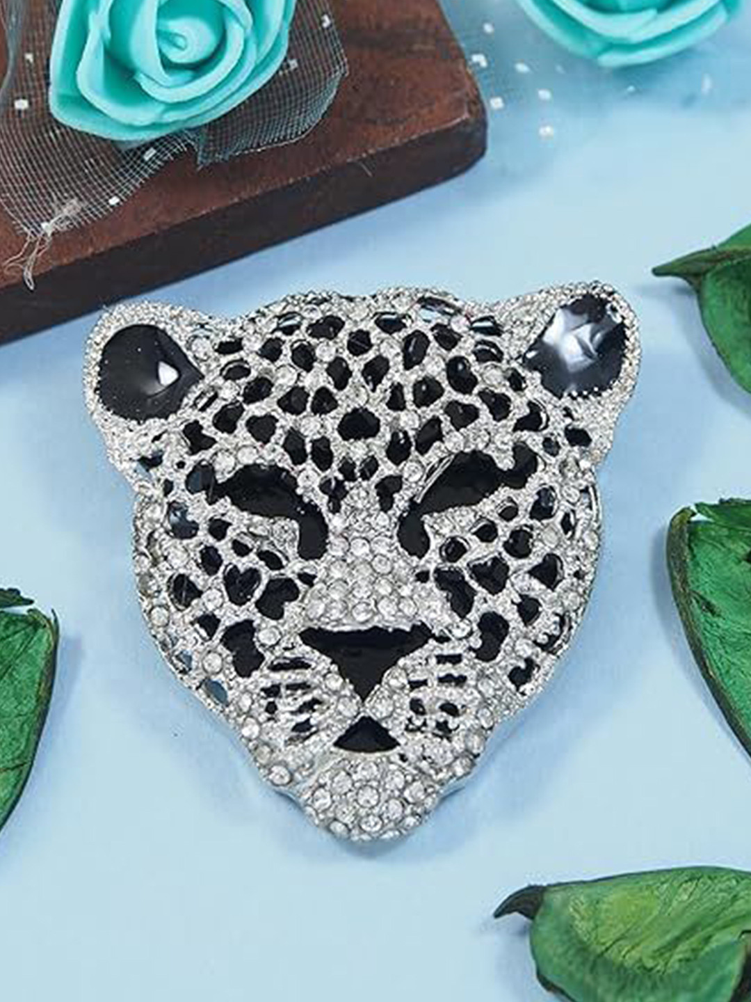 ADORN Men Rhinestone Studded Lion Cub Face Shaped Brooch