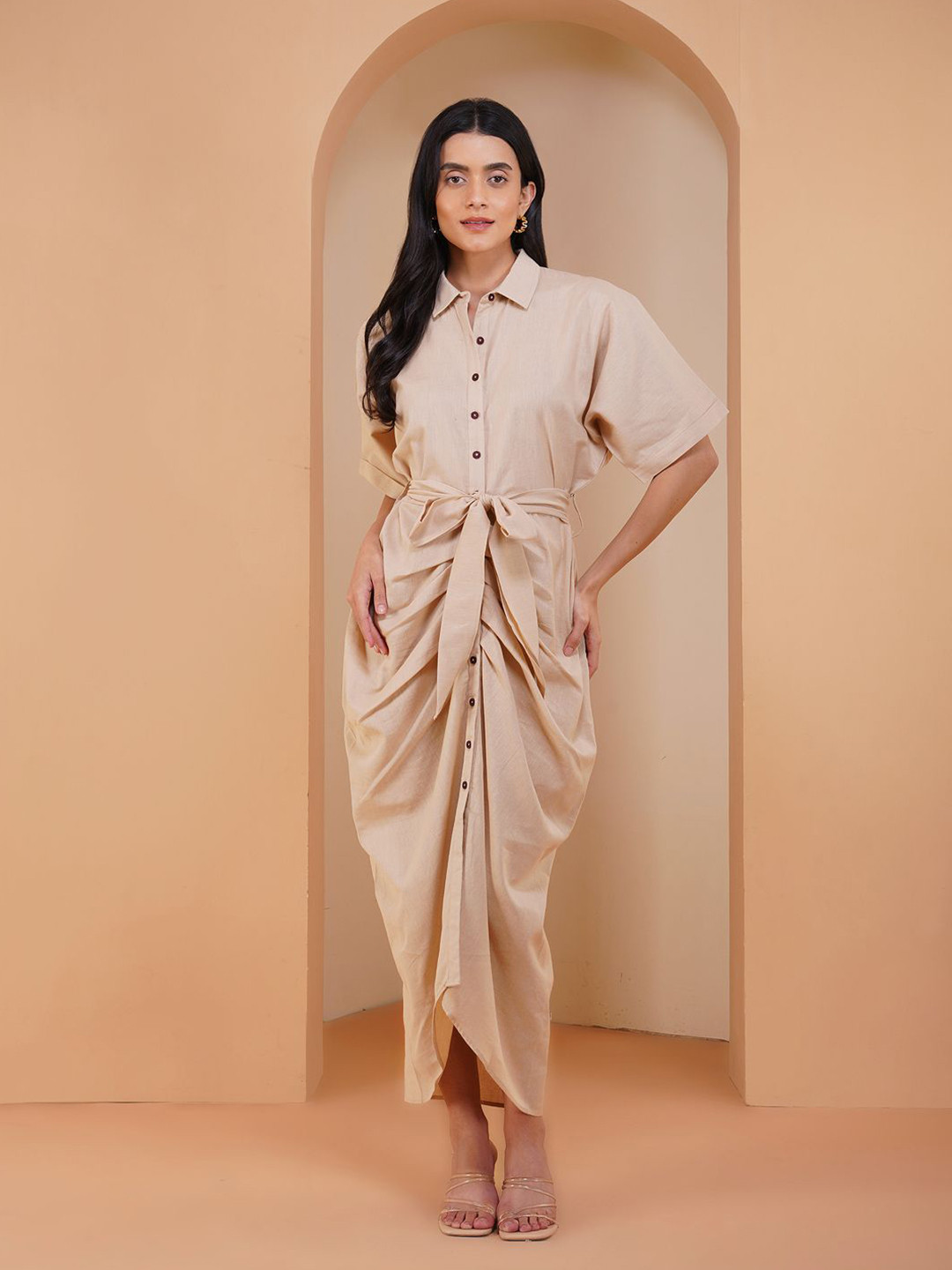Stitchinc Women Shirt Collar Short Sleeves Tie-Ups Shirt Midi Dress