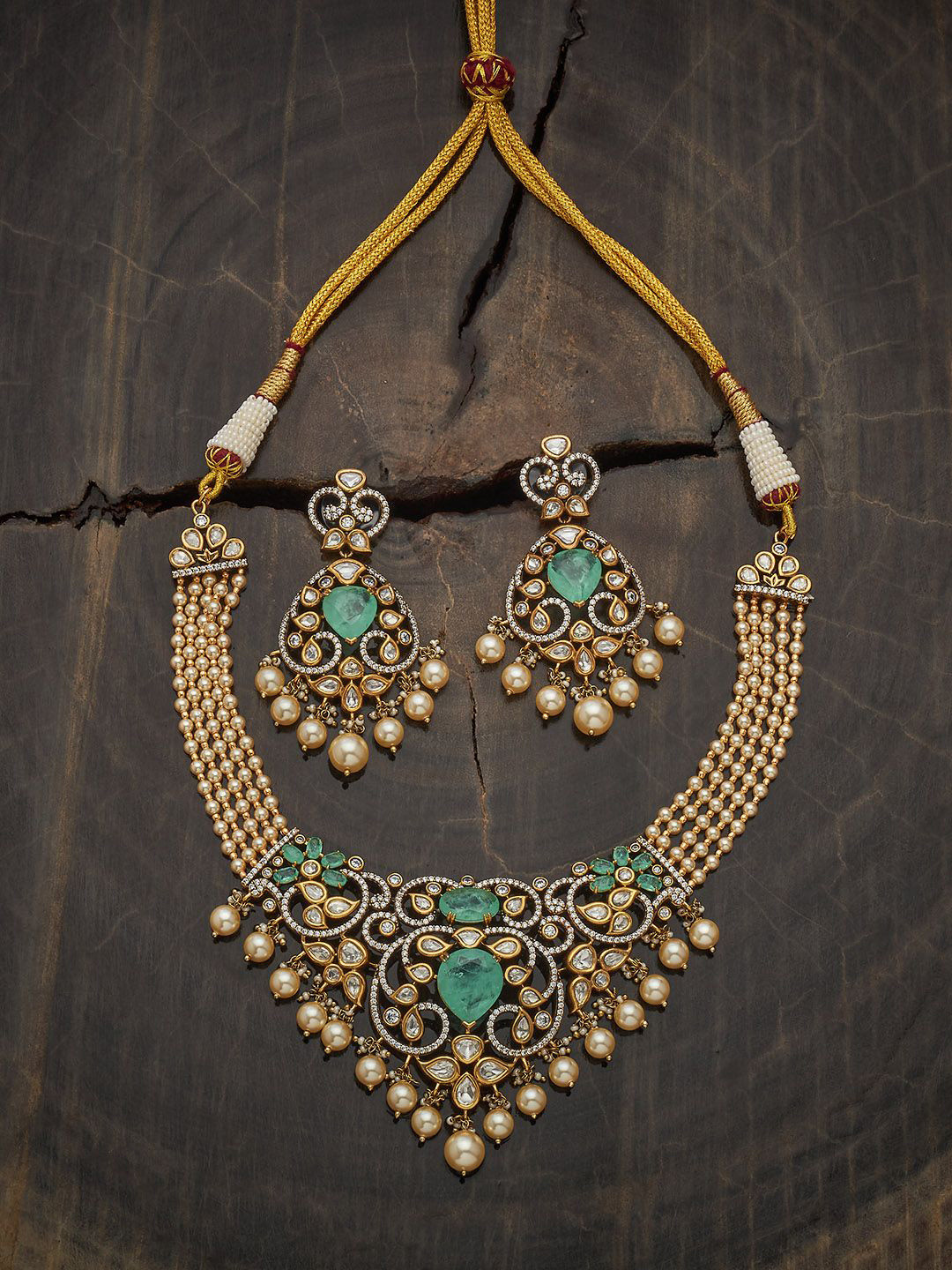 Kushal's Fashion Jewellery Embellished Bridal Mint Victorian-Plated Kundan Necklace Set