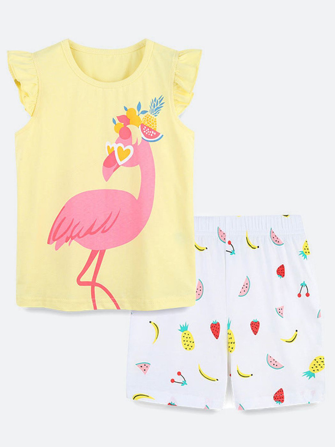 Oh Rare Girls Cartoon Printed Round Neck T-Shirt With Shorts