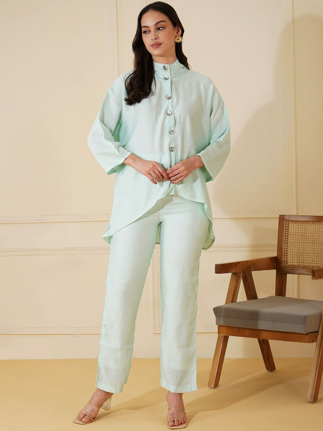 Stitchinc Poised and Polished Band Collared Kimono Sleeved Top & Trouser & Belt