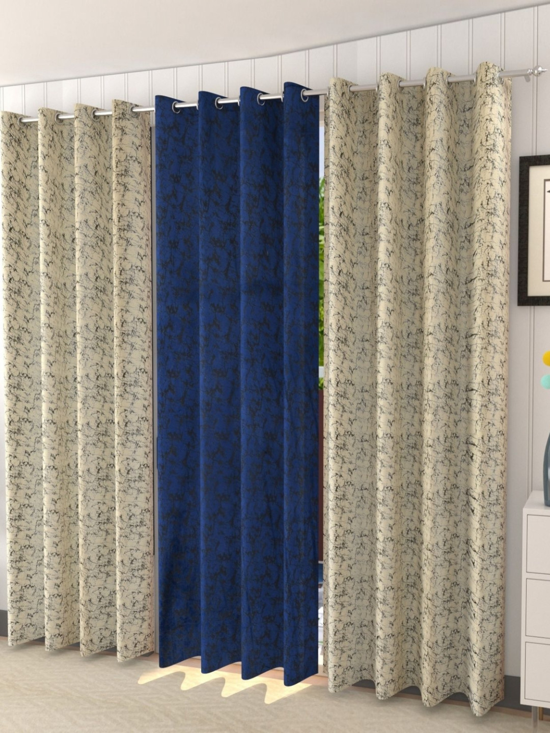 Galaxy Home Decor Cream Coloured & Blue 3 Pieces Room Velvet Darkening Window Curtains