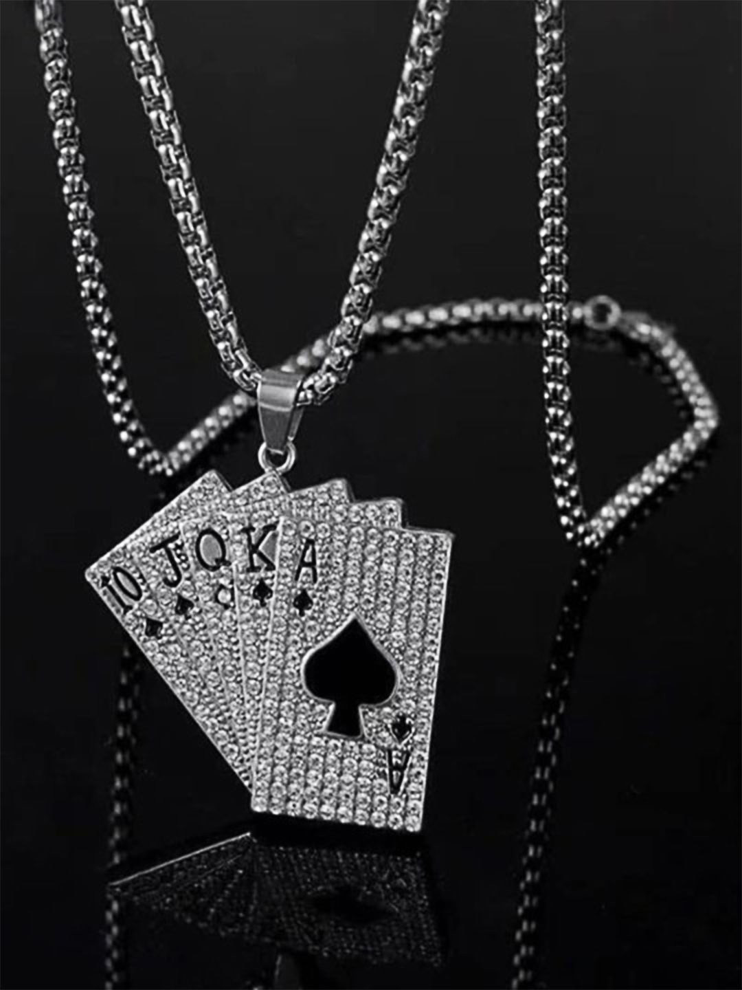 VAGHBHATT Men Silver-Plated Stainless Steel Rhinestones Studded Poker Pendant With Chain