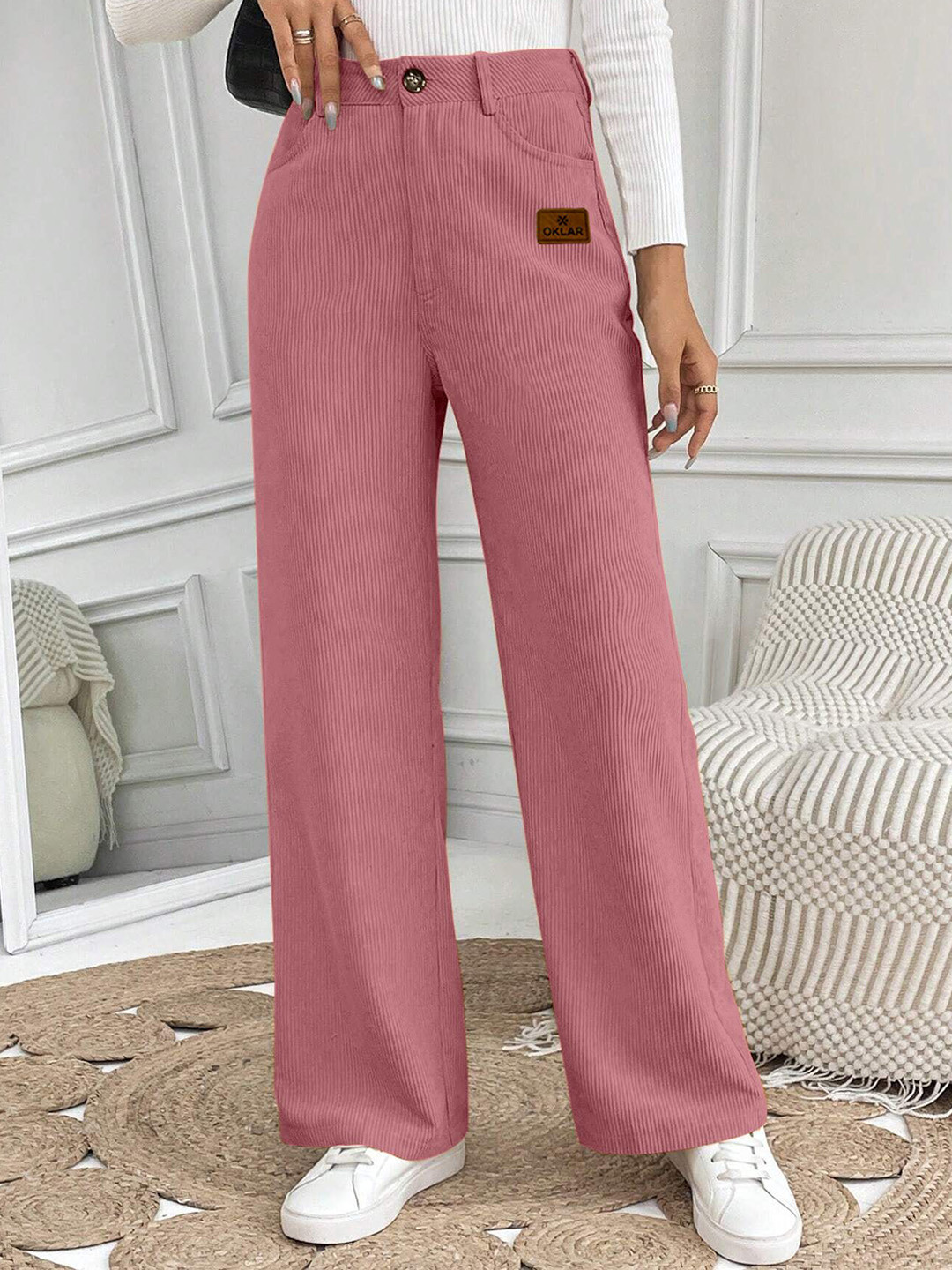 RAJOVATI Women Pleated Mid Rise Relaxed Fit Wid Leg Trousers