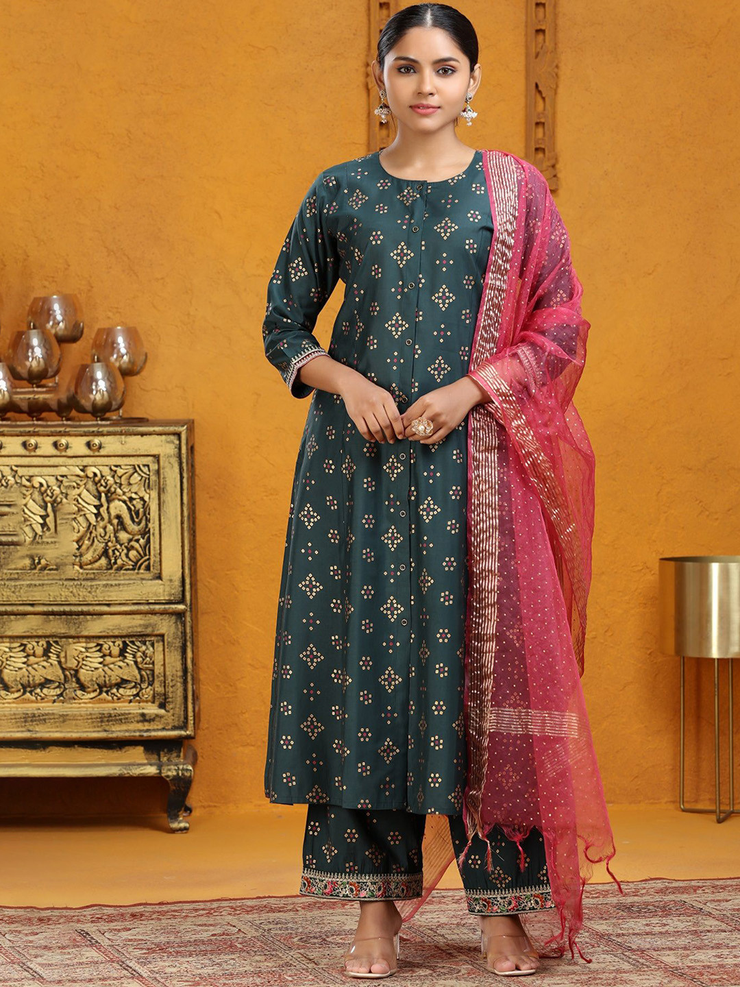 COTTON CULTURE Bandhani Printed A-Line Pure Silk Kurta With Palazzos And Dupatta