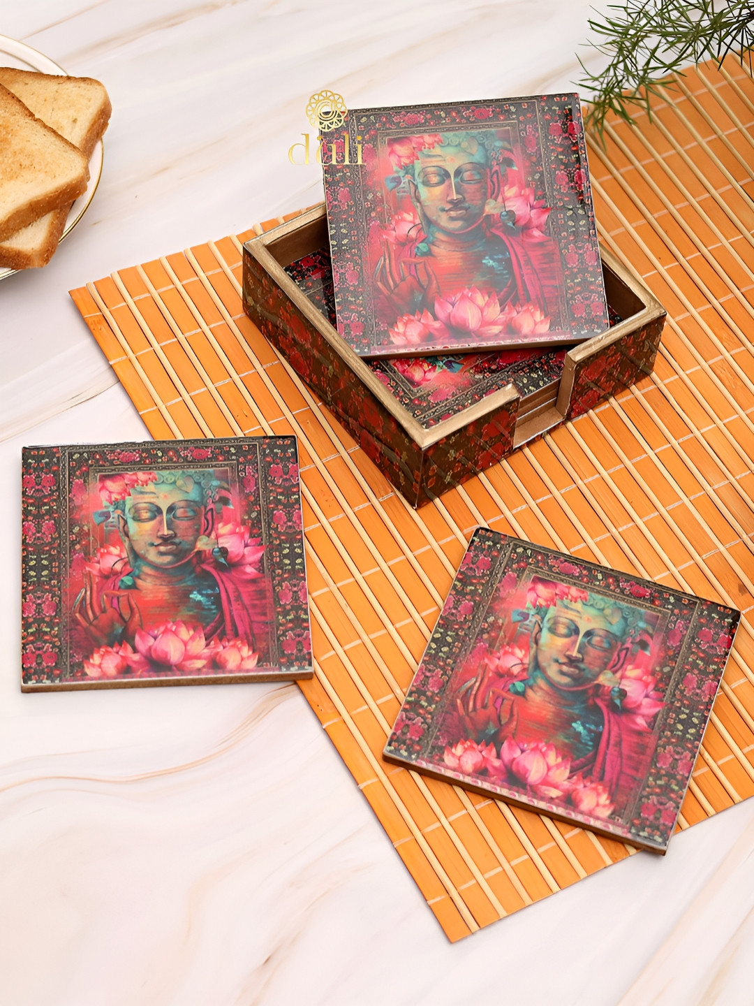 DULI 6-Pcs Pink & Blue Printed WoodenCoasters