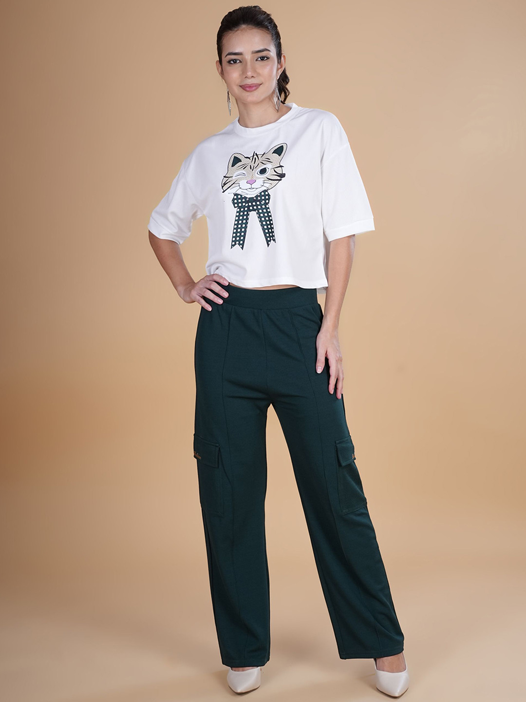 NEYSA Cat Printed Round Neck T-Shirt With Trousers