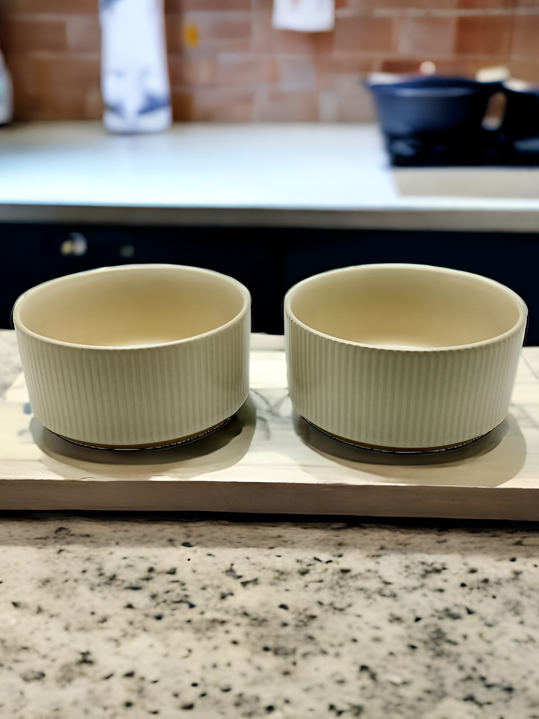 WAABI - SAABI Off White Striped Ceramic Microwave Safe 2 Piece Bowls-350ml