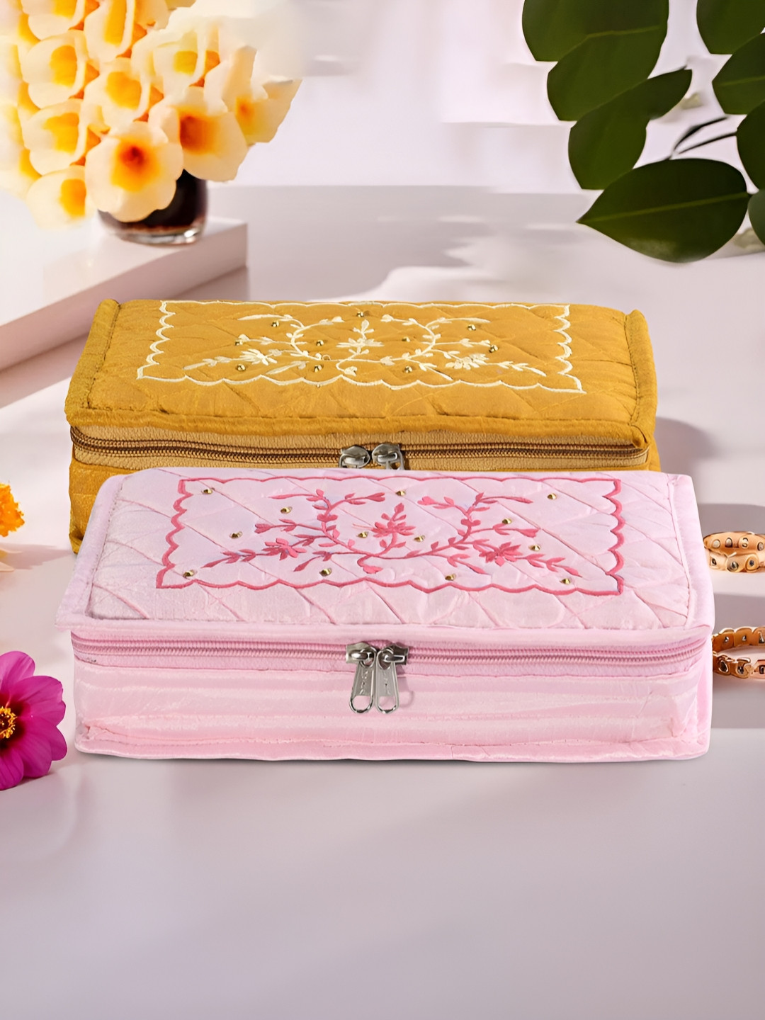 Aura Yellow and Pink 2 Pieces Embroidered 7-Compartments Jewellery Organisers