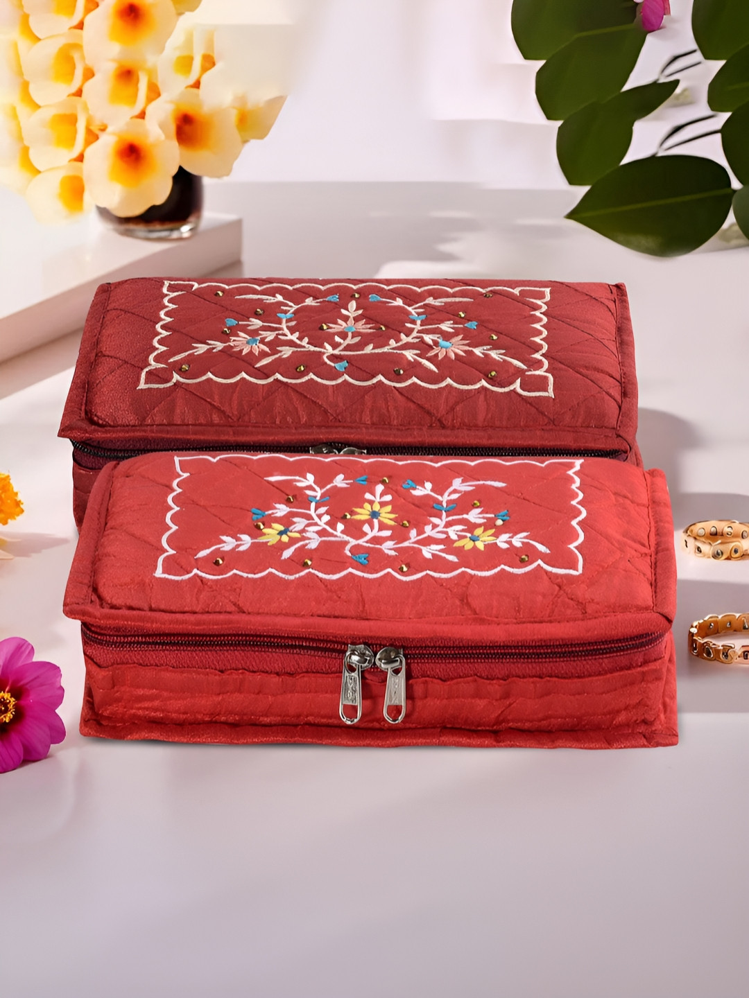 Aura Maroon and Red 2 Pieces Embroidered 7-Compartments Jewellery Organisers