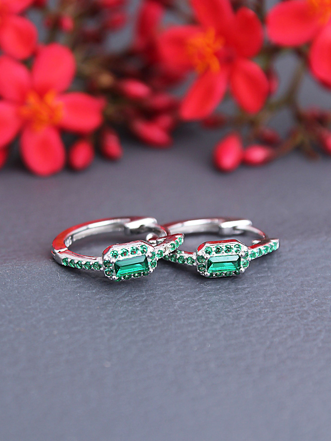 DEVASHREE Huggies 925 Sterling Silver Rhodium-Plated Cubic Zirconia Studded Hoop Earrings