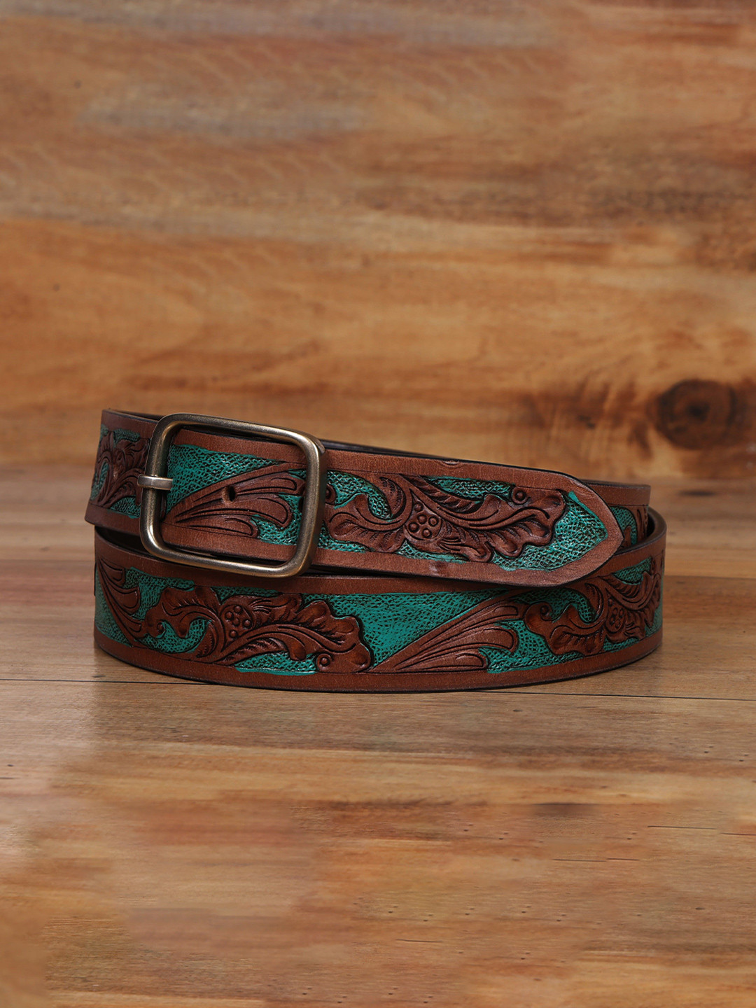 Celtic Unisex Green Woven Leather Belt with Tang Closure