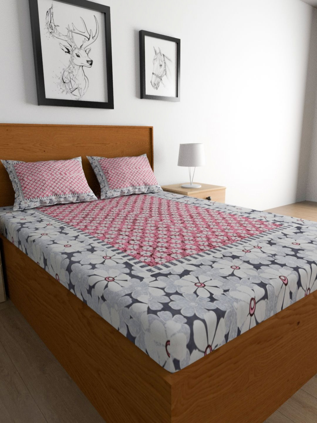 METRO LIVING Ahmedabad Pink Floral Cotton 104 TC Queen Bedsheet with 2 Pillow Covers-93 x 83 inches