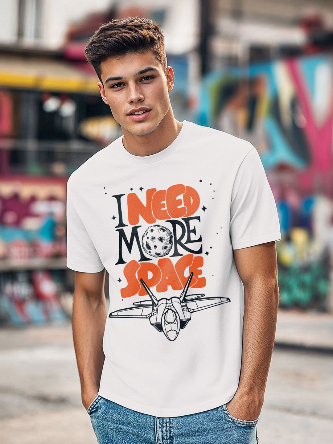 Bewakoof Men White Need More Space Typography Printed Graphic Cotton Round Neck T-shirt