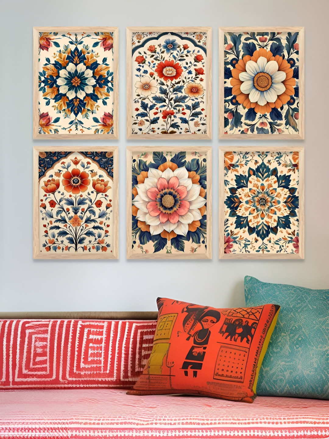 WALLLANE Traditional Cream & Blue 6 Pieces Floral And Botanical Wooden Wall Art