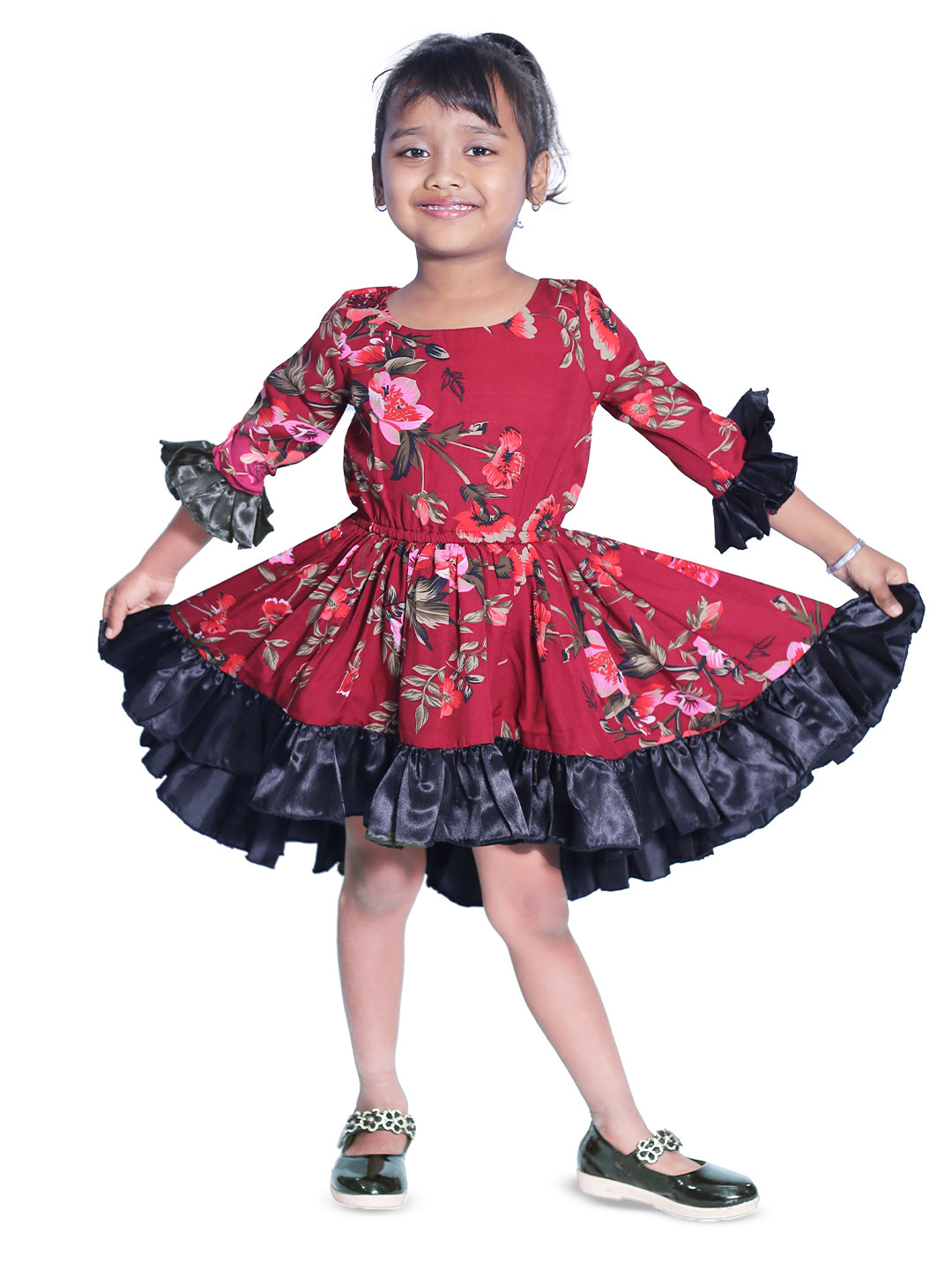 Wow Princess Women Floral Bell Sleeve Crepe A-Line Dress