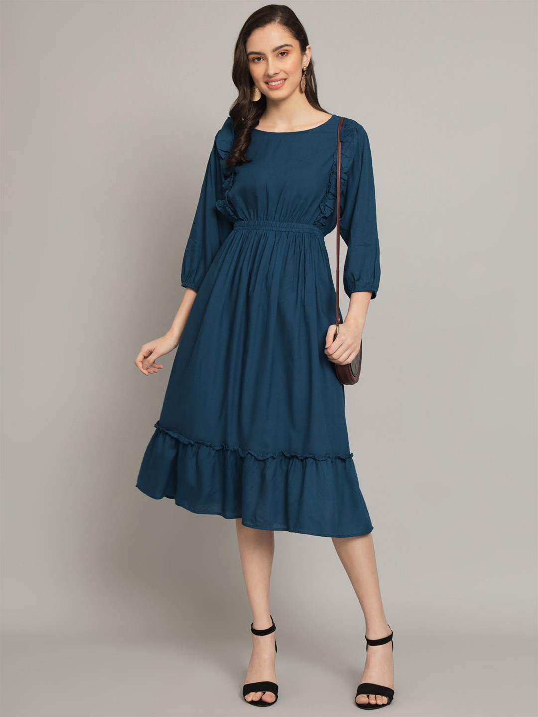 Krunal Raiyani Solid Knitted Ruffles Detail Fit and Flare Midi Dress