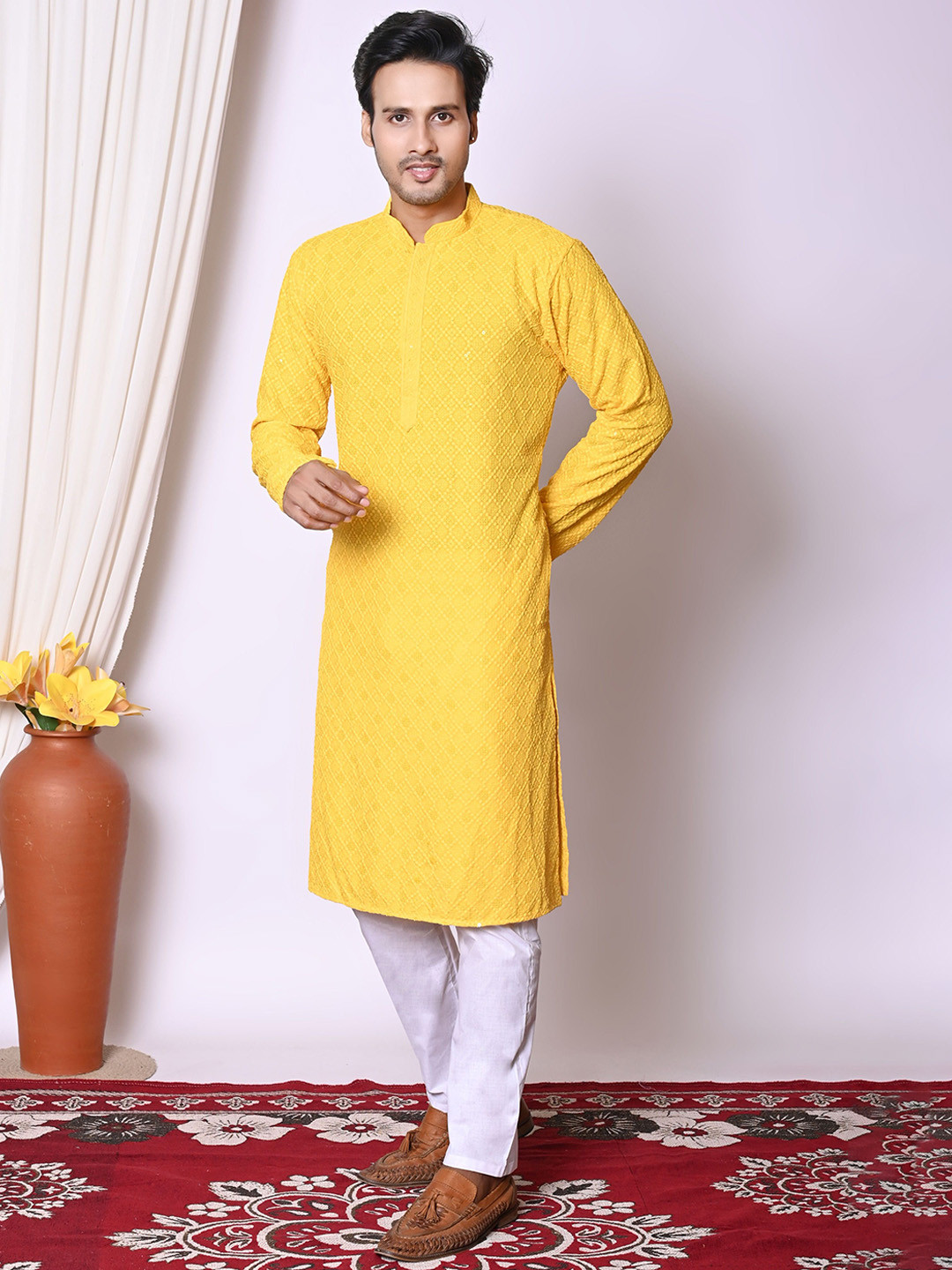 AHLAN APPARELS Embroidered Sequinned Mandarin Collar Kurta With Pyjamas