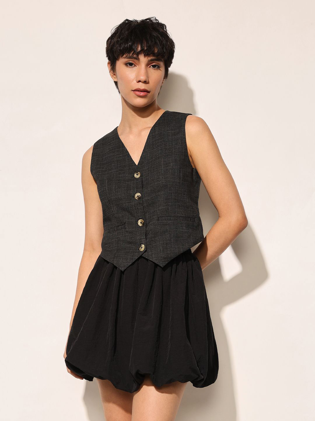 ONLY Women Self Design Button Closure V-Neck Vest Top