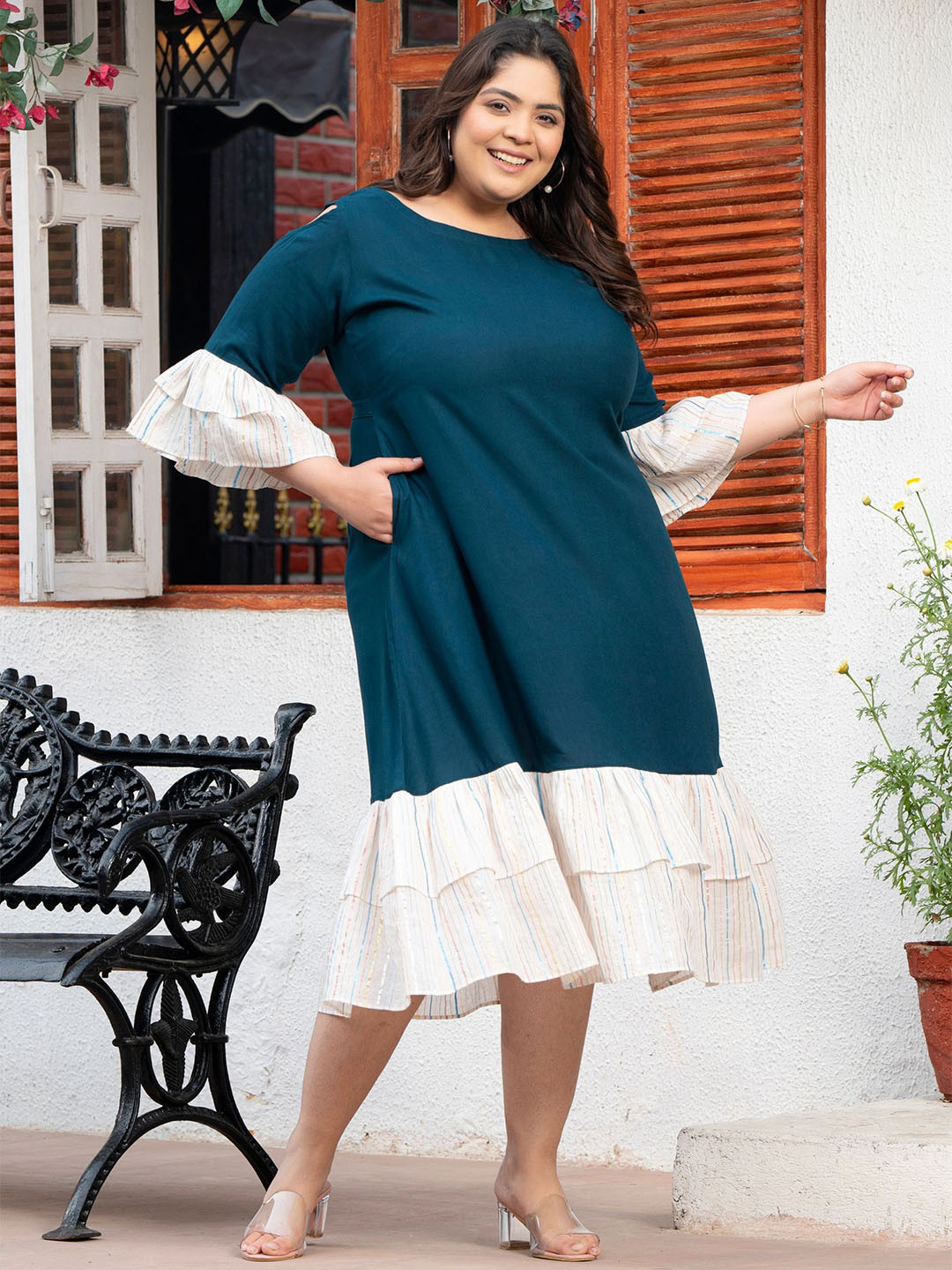 PrettyPlus by Desinoor.com Women Plus Size Teal Cold Shoulder Dress with Frill