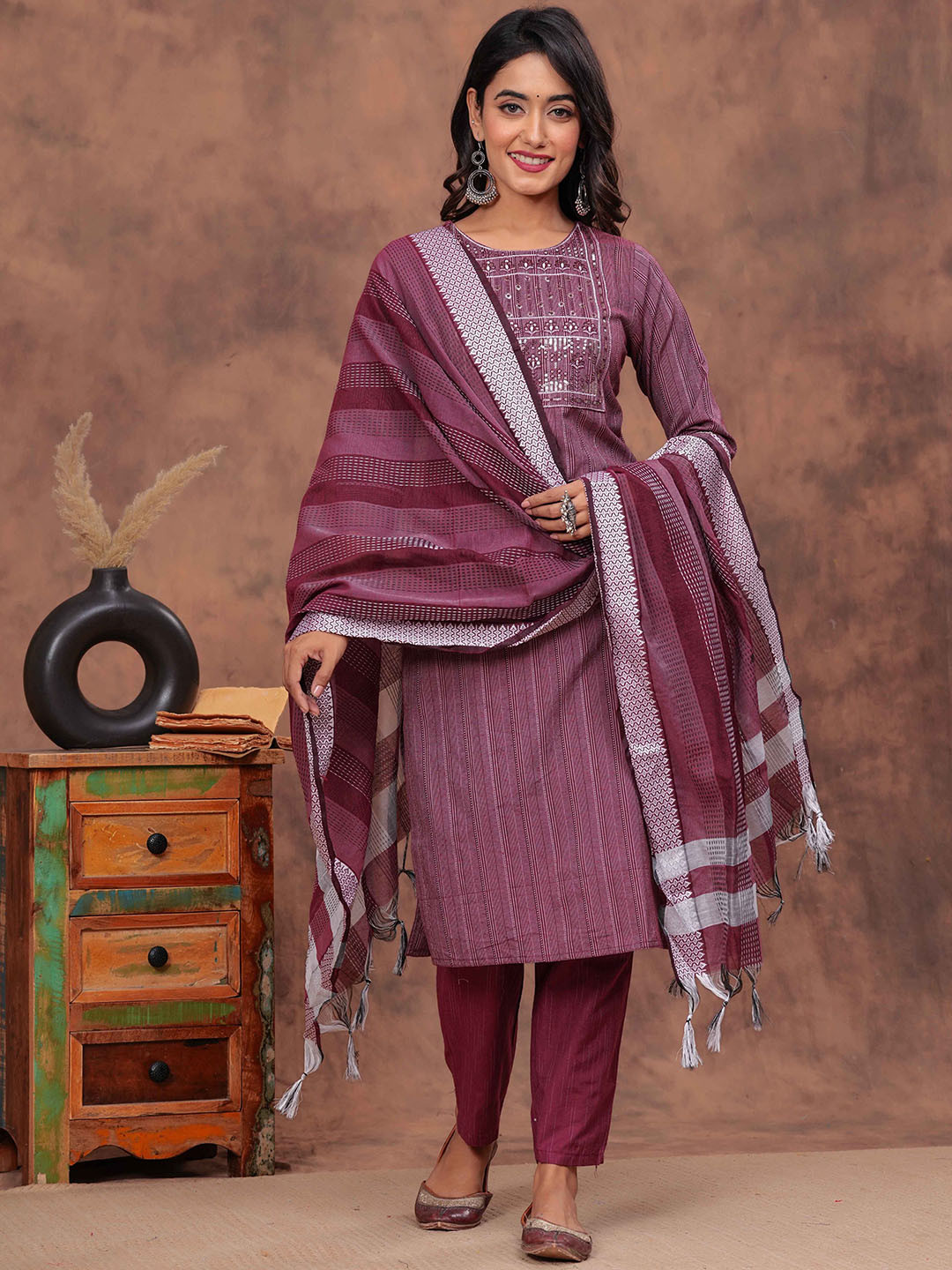 HEARTLOOM Geometric Woven Design Sequinned Pure Cotton Kurta With Trousers & Dupatta