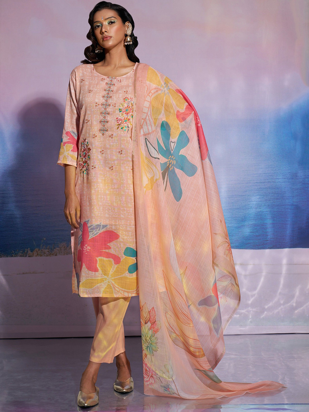 AUTUMN LANE Jaideep Peaches Floral Printed Pure Cotton Kurta with Trousers & Dupatta