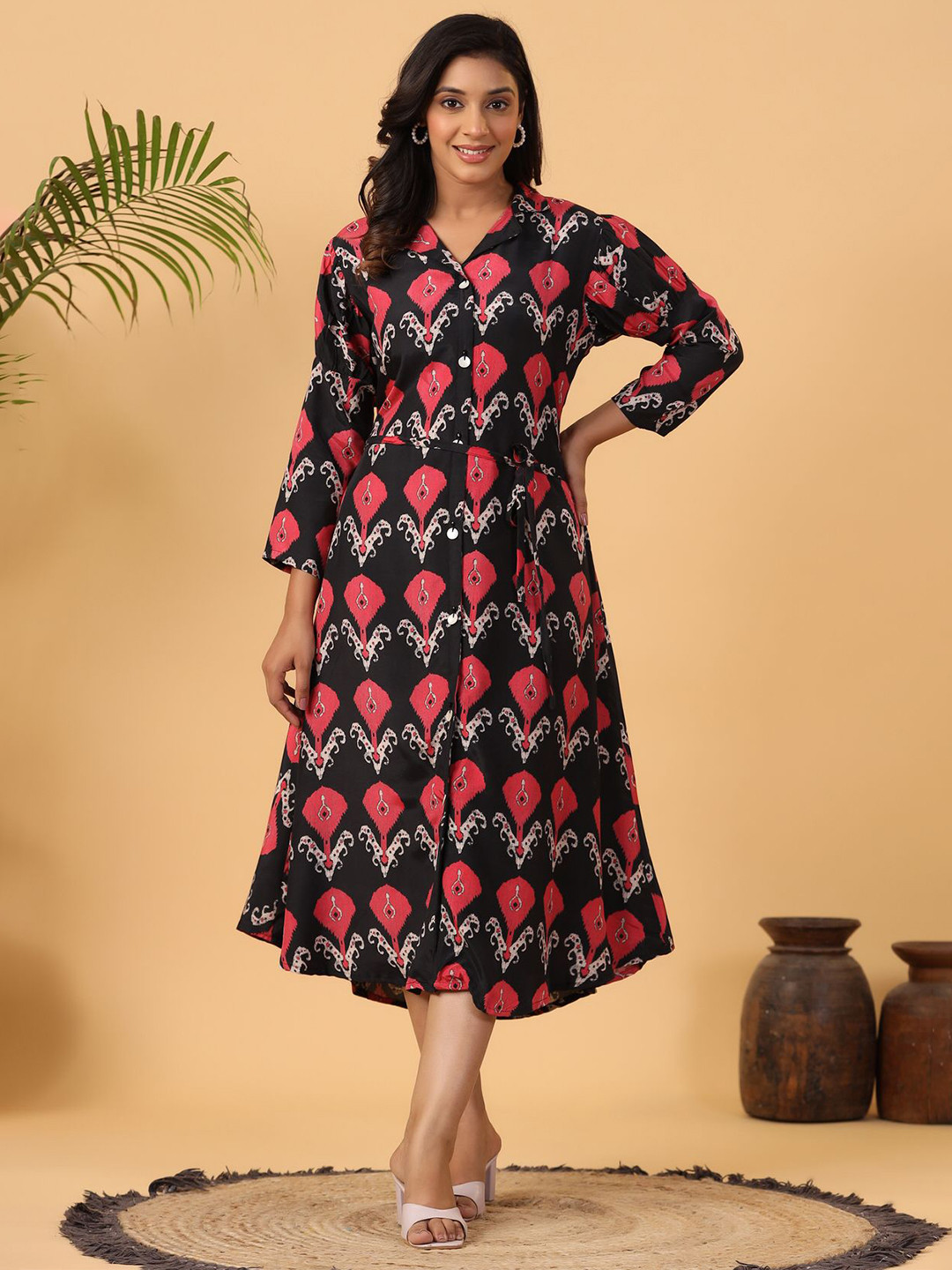 JISORA Women's Black Pritned Shirt Collar Russian Silk Midi Dress