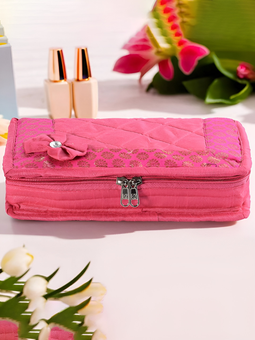 Aura Pink and Gold-Toned Printed 7-Compartments Jewellery Organiser