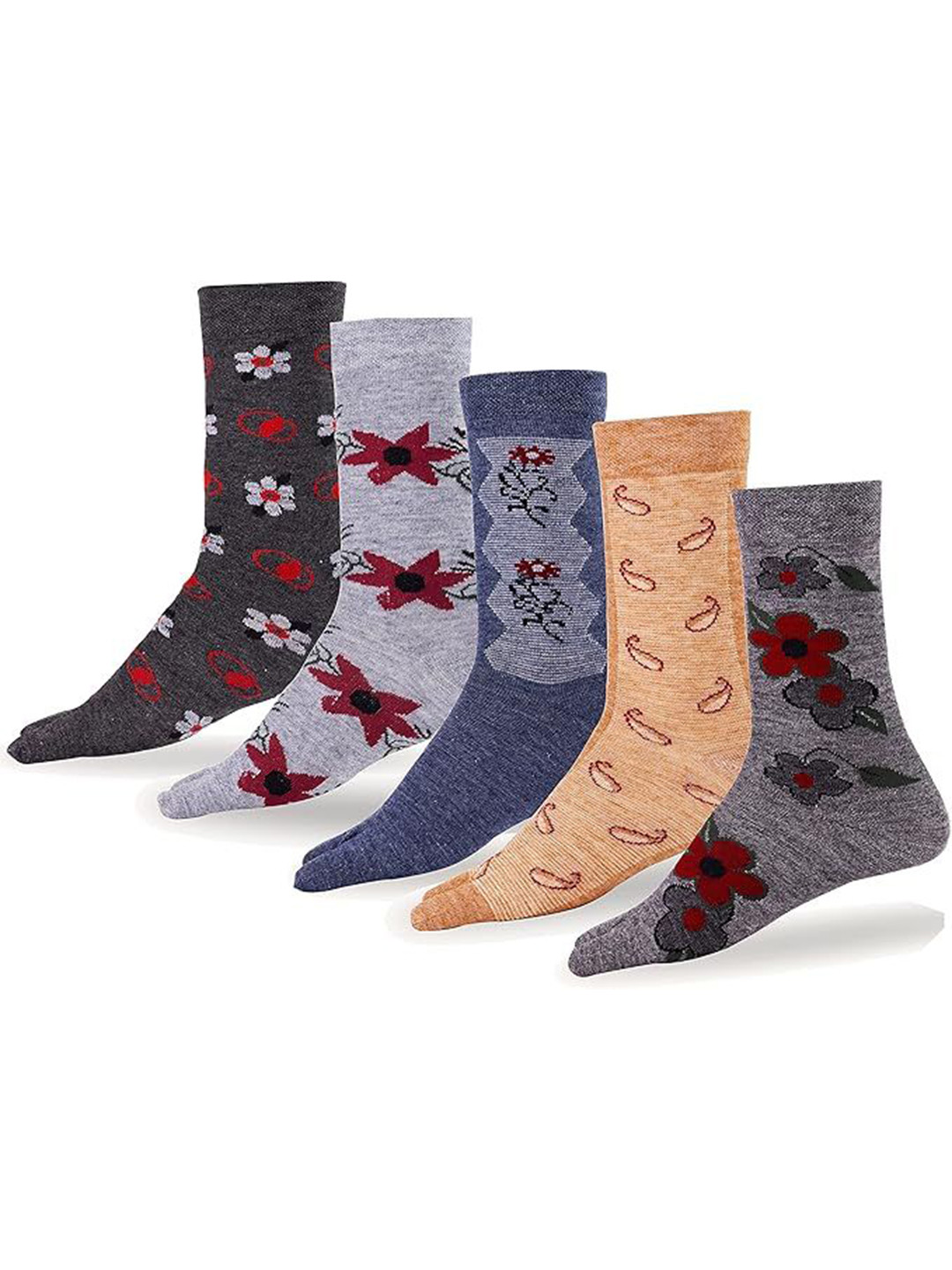 POLLOLOCO Women Pack Of 5 Floral Printed Mid-Calf-Length Thumb Socks