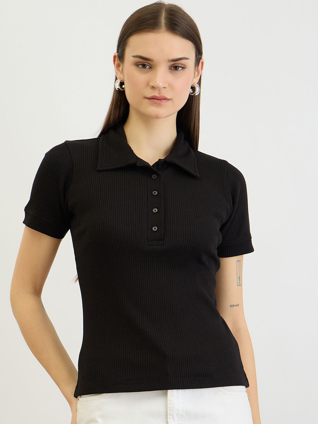 ZUMMER Women Ribbed Shirt Collar Top