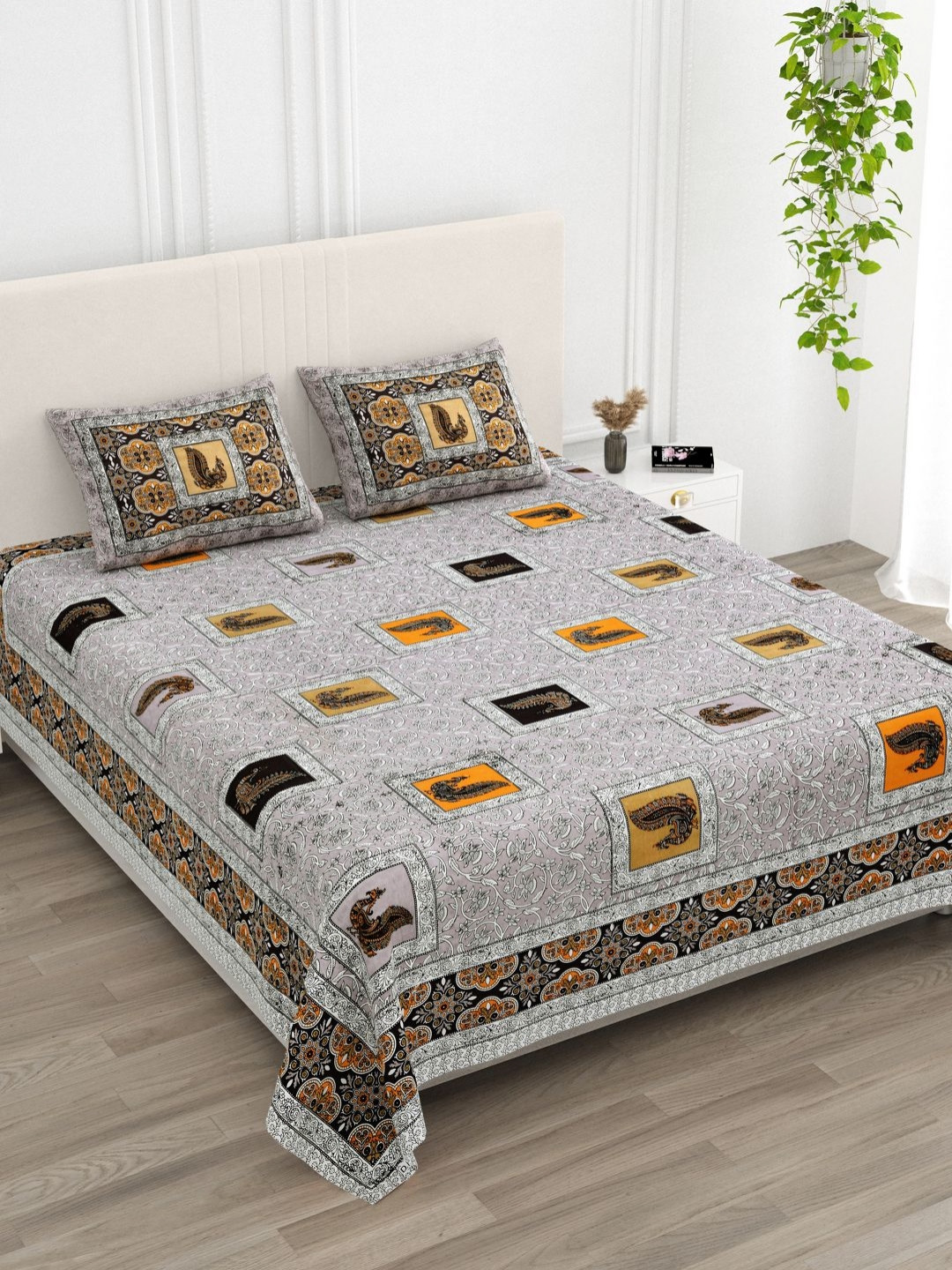 Qfab Peacock Design Grey Ethnic Motifs Cotton 250 TC King Bedsheet with 2 Pillow Covers-108 x 90 inches